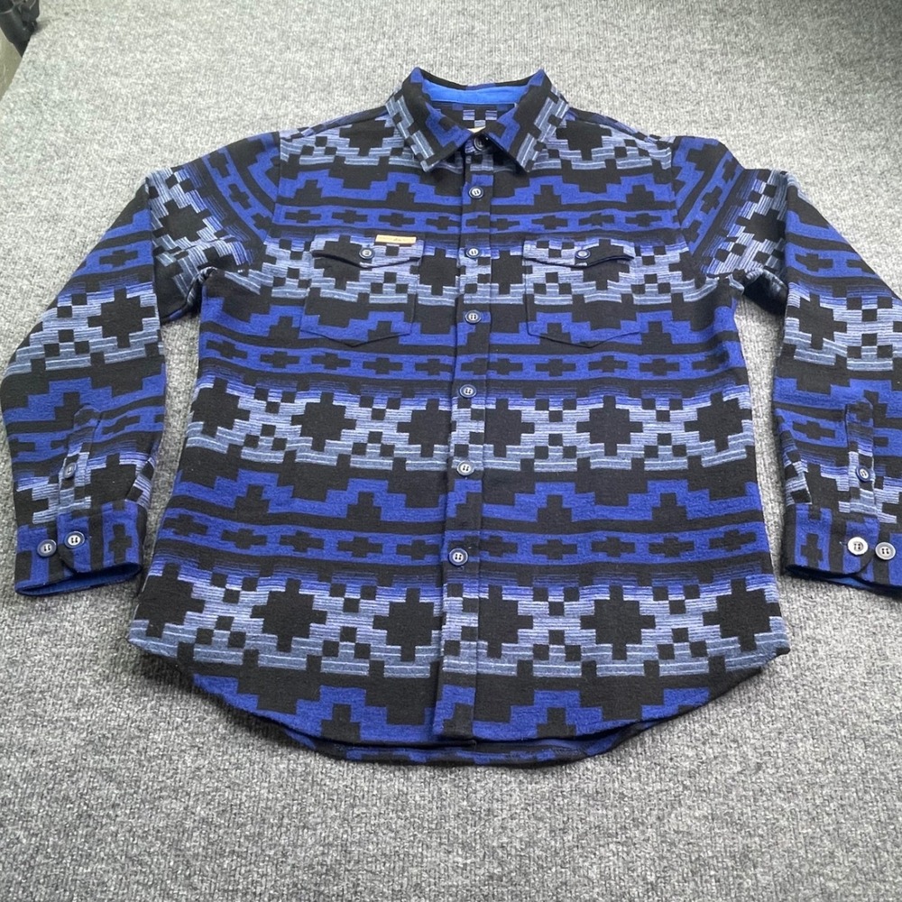 Powder River Outfitters Shirt Mens Medium‎ Blue Black Southwestern Wool Blend